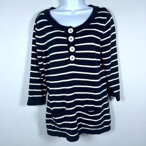 Liz & Co Striped Sweater Womens Sz L Navy White Nautical Pockets Cruise Cotton